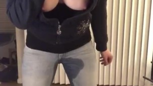 Peeing in my pant, big boobs and shaved pussy